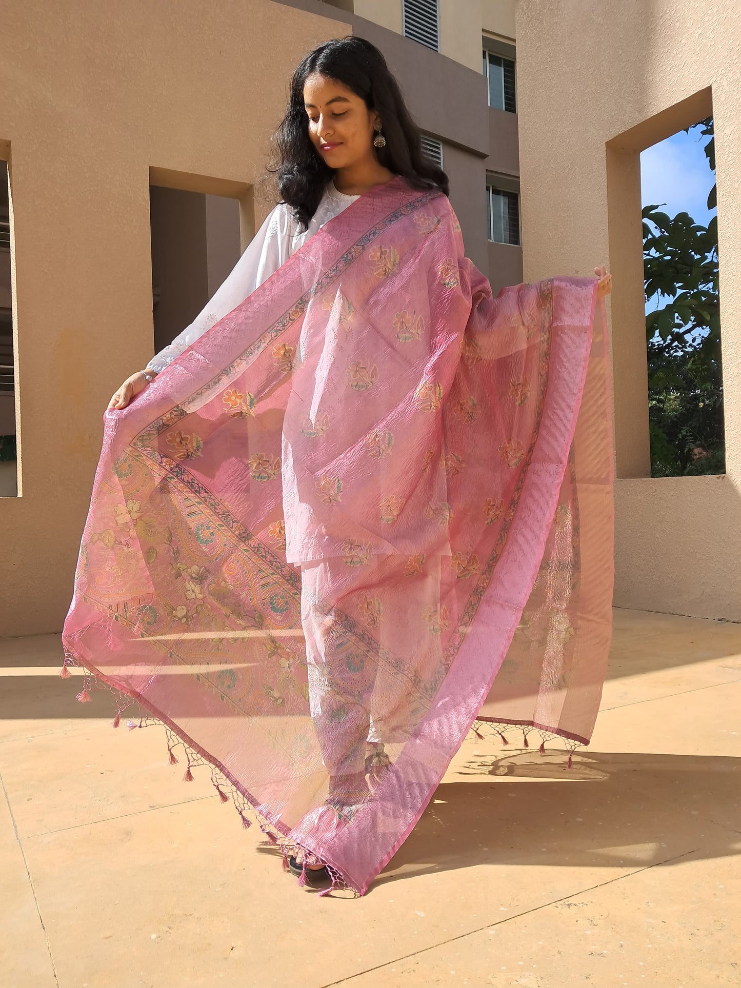 Pink Tissue Crush Dupatta