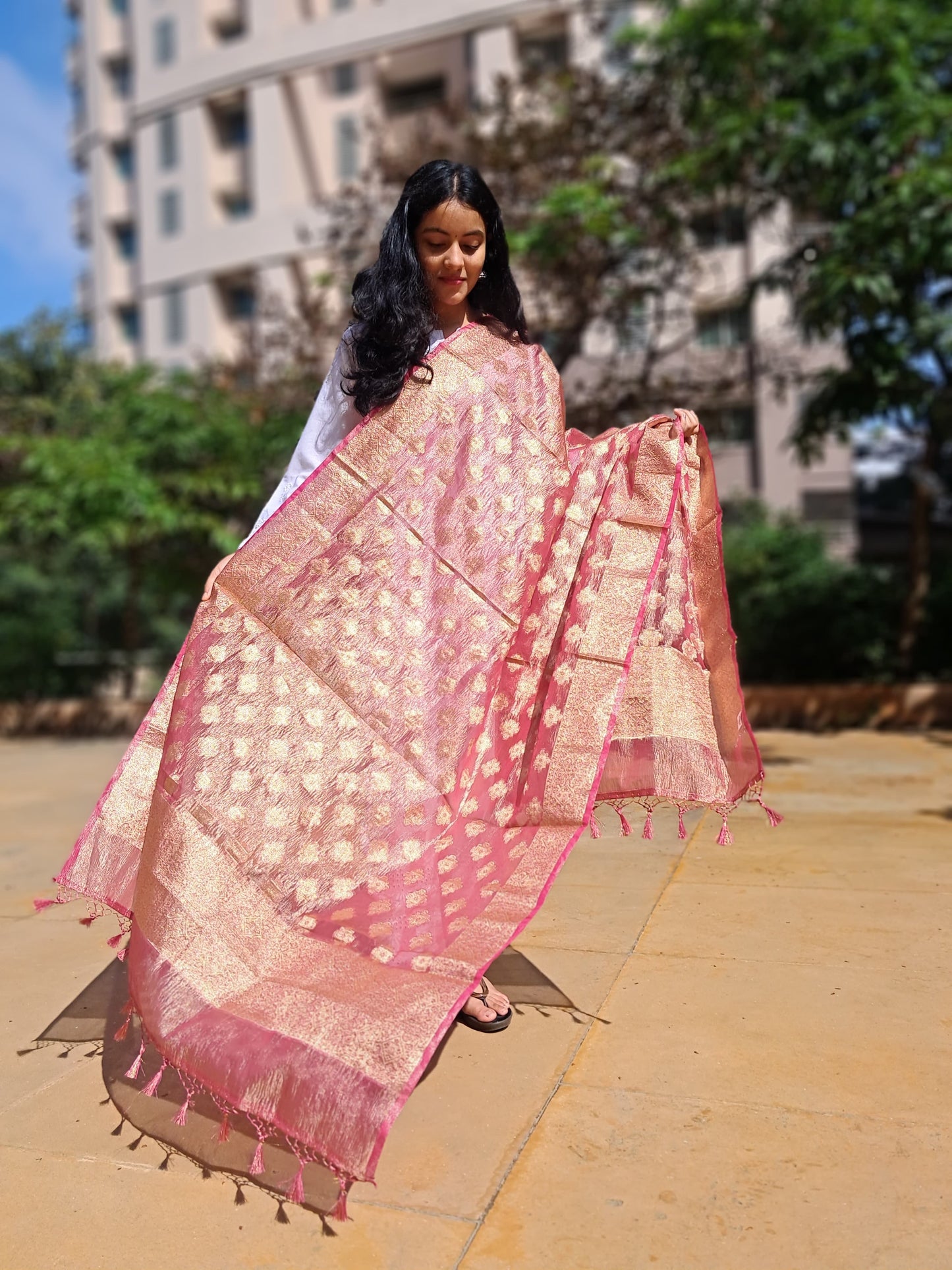 Pink Silk tissue Jacquard  Dupatta