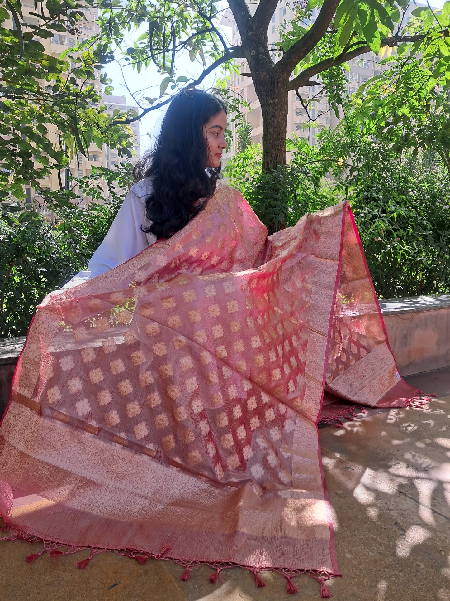 Pink Silk tissue Jacquard  Dupatta
