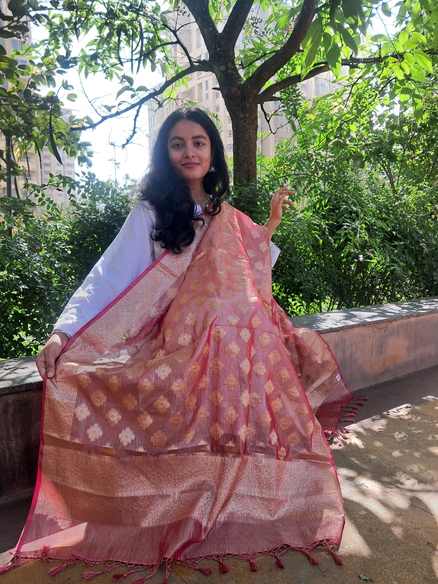 Pink Silk tissue Jacquard  Dupatta