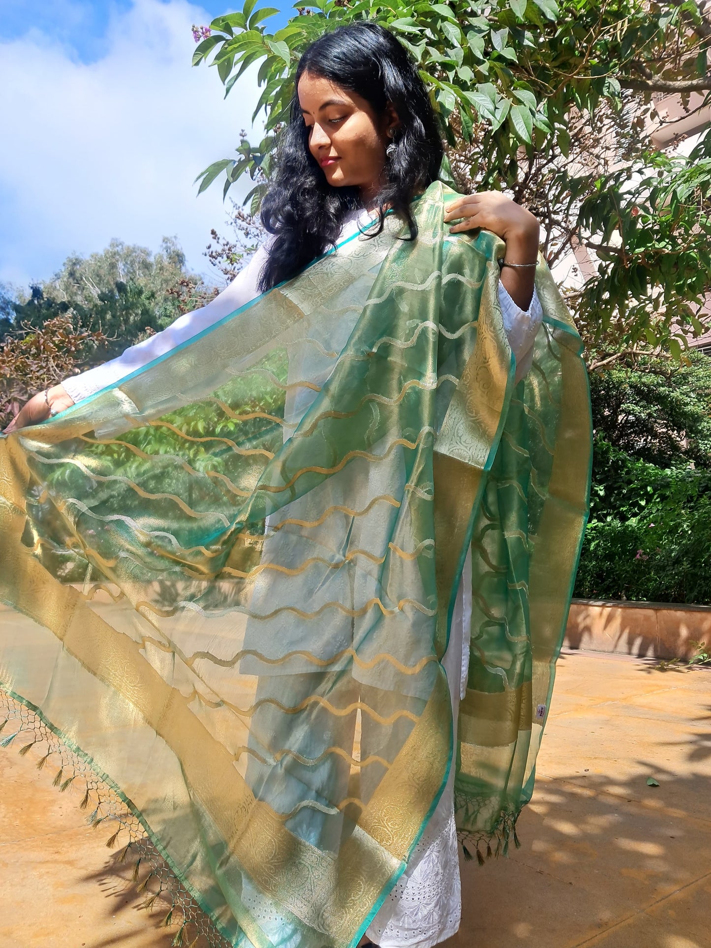 Green Katan Silk Jakat Jaal Dupatta