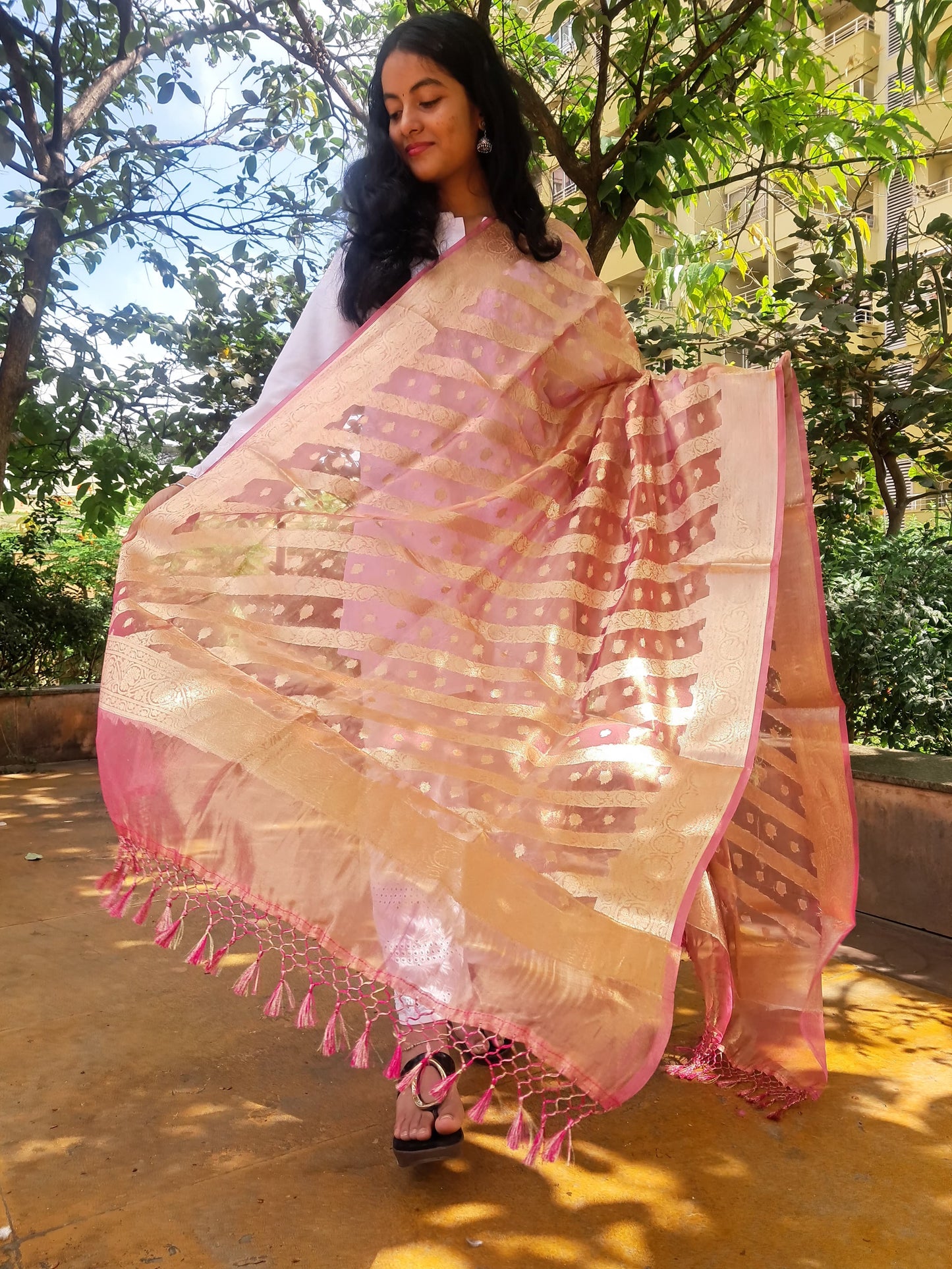 Pink Munga Silk Jacquard Jal Dupatta