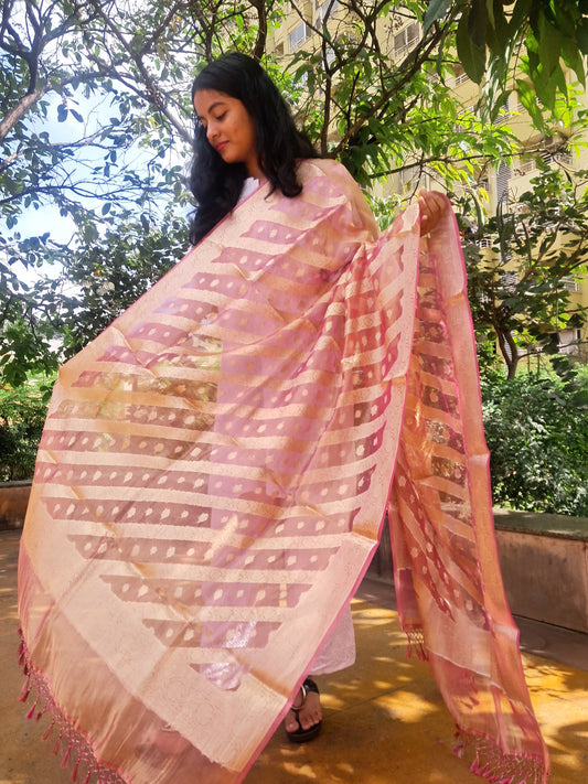 Pink Munga Silk Jacquard Jal Dupatta