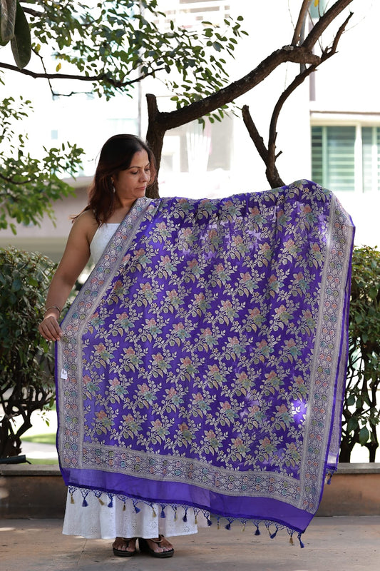 Blue Crep Georgette khaddi Hand Print Banarasi Dupatta