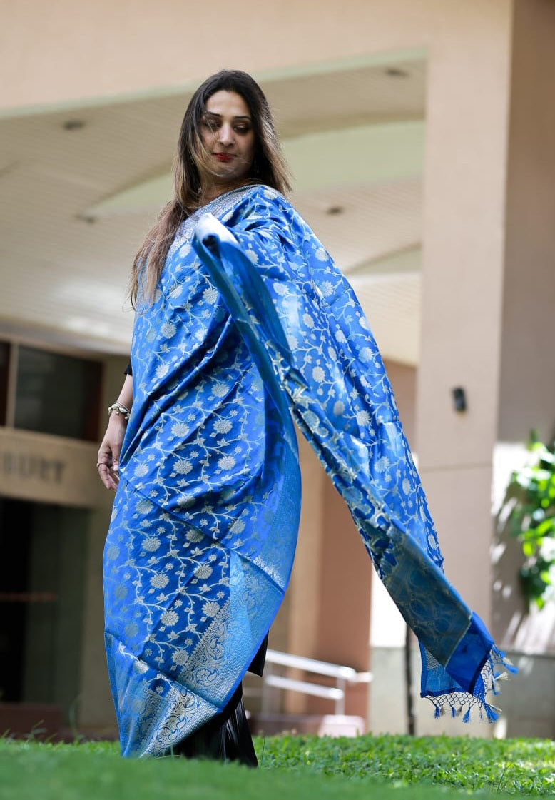 Blue Pure Katan Silk Banarasi Dupatta