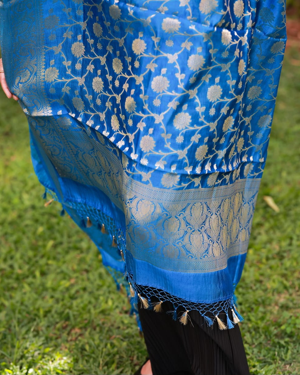 Blue Pure Katan Silk Banarasi Dupatta
