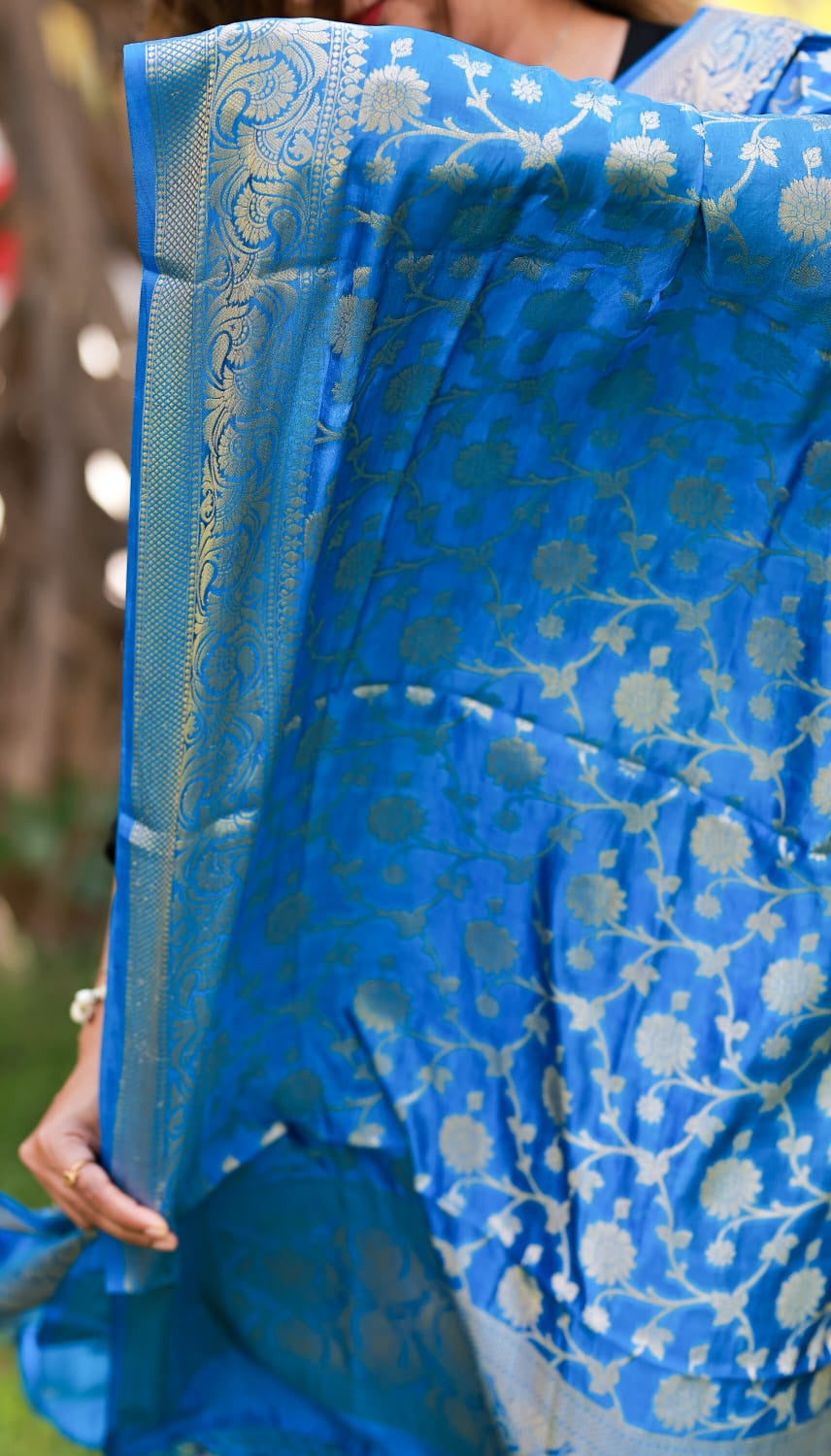 Blue Pure Katan Silk Banarasi Dupatta