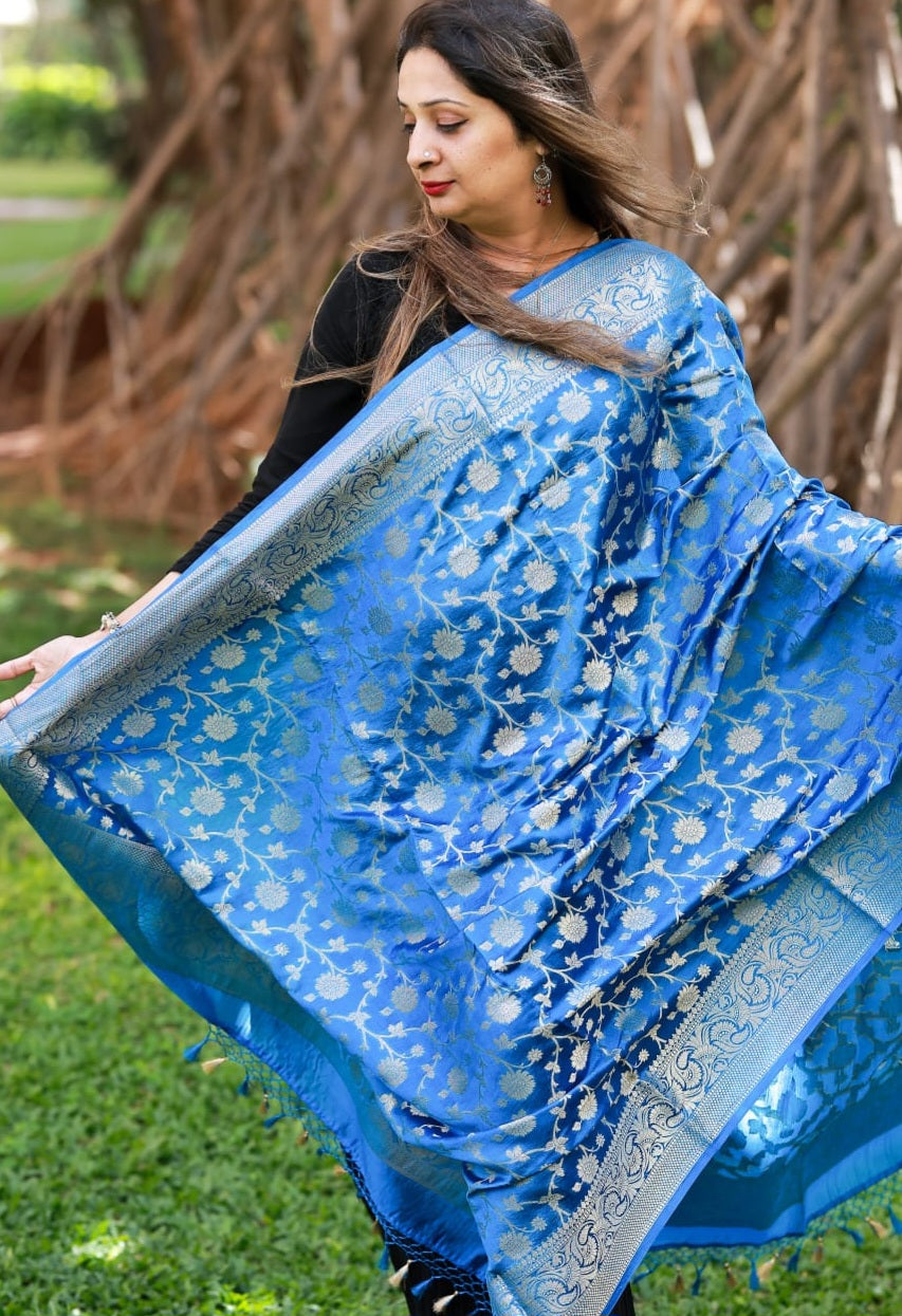 Blue Pure Katan Silk Banarasi Dupatta