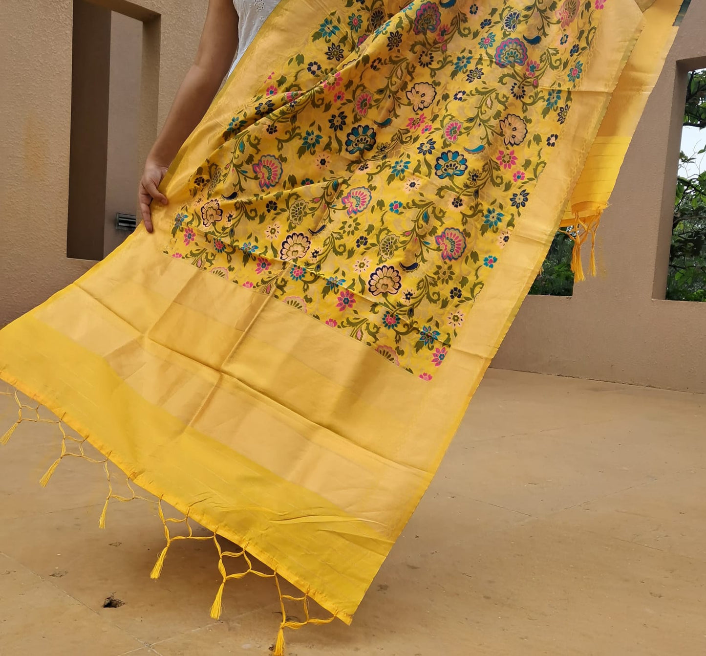 Yellow Mixed Silk Banarasi Dupatta