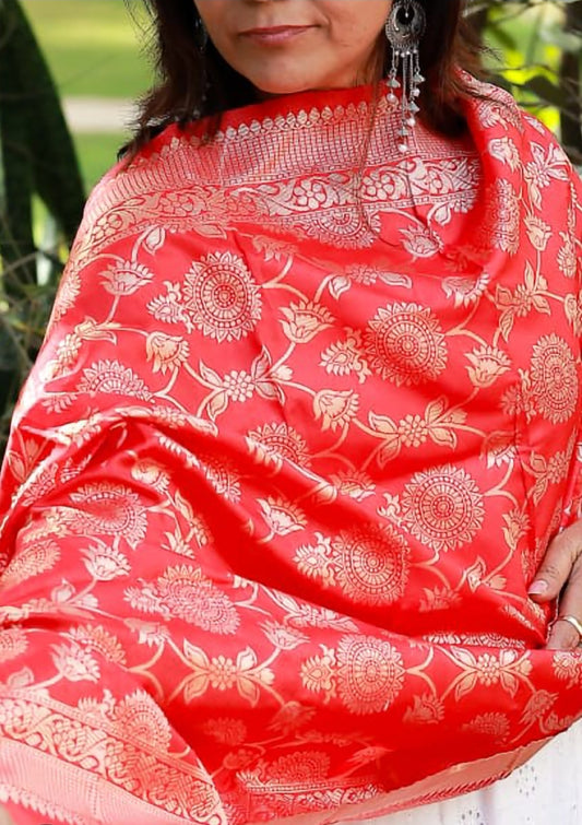 Red Mixed Katan Silk Banarasi Dupatta